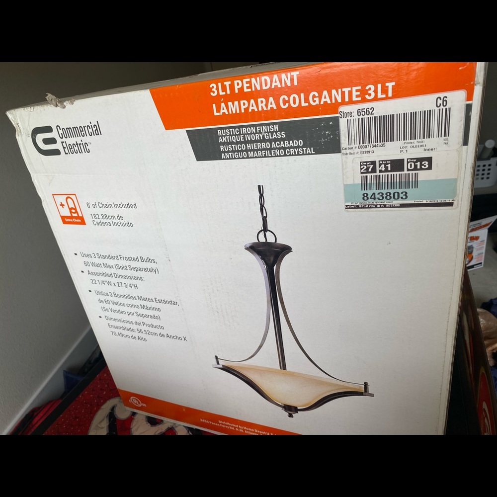Brand New 3 light hanging chandelier sealed